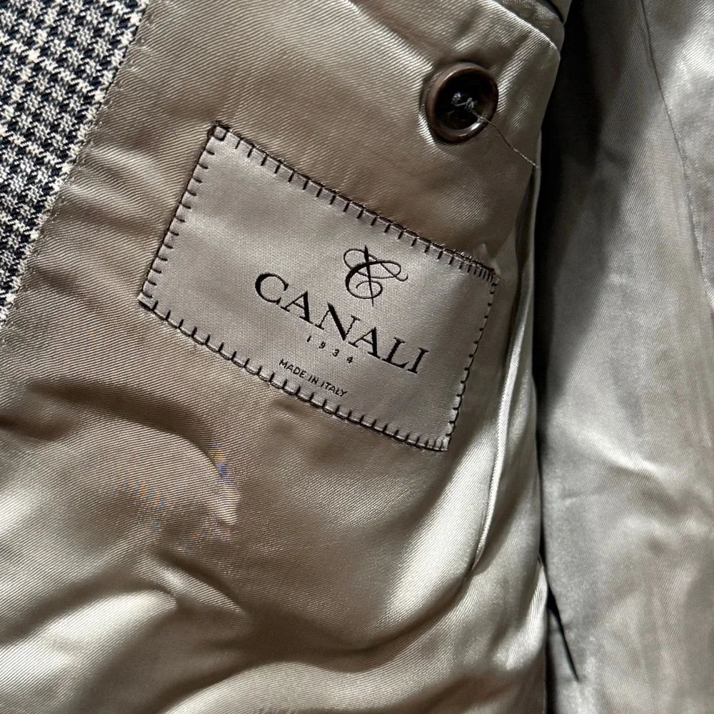 Canali Men’s 100% Wool Single Breasted Houndstooth Blazer US 44R Gray‎ Preppy